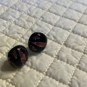 Handmade Dichroic Black Glass Stud Earrings with Iridescent Purple Accent